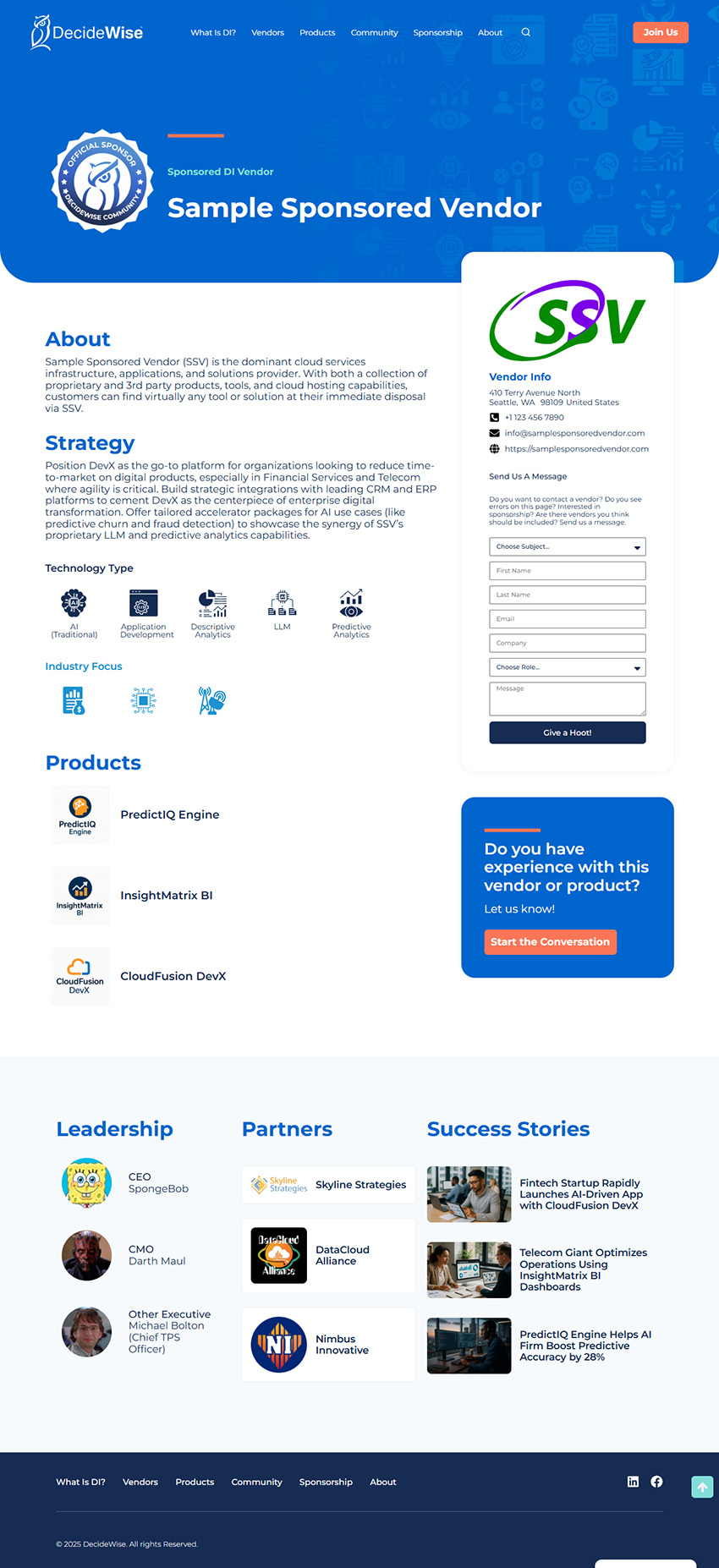 DecideWise Sample sponsored vendor page
