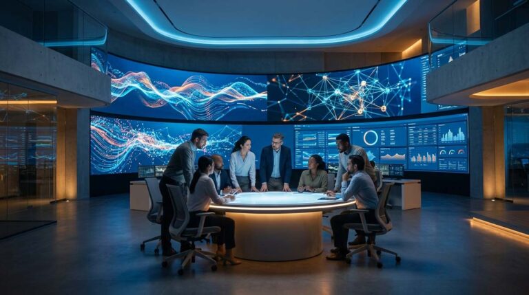 Decision intelligence professionals analyzing real-time data dashboards in a modern enterprise operations center