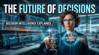A professional woman wearing glasses interacting with a futuristic, glowing digital interface that maps data flowing from banking, supply chain, and manufacturing nodes into a central hub labeled Automated Decision. Large text overlay reads The Future of Decisions.