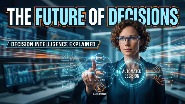 A professional woman wearing glasses interacting with a futuristic, glowing digital interface that maps data flowing from banking, supply chain, and manufacturing nodes into a central hub labeled Automated Decision. Large text overlay reads The Future of Decisions.