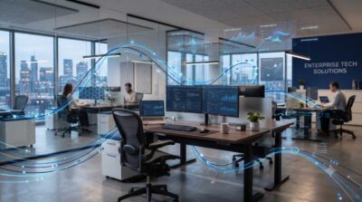 A corporate-styled digital artwork featuring a professional technology workspace overlayed with abstract blue data pipelines, network infrastructure grids, and conceptual visualization diagrams representing enterprise data orchestration.