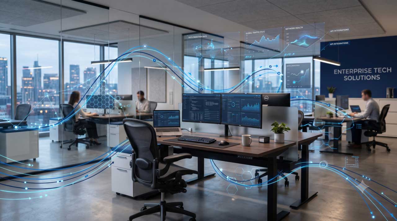 A corporate-styled digital artwork featuring a professional technology workspace overlayed with abstract blue data pipelines, network infrastructure grids, and conceptual visualization diagrams representing enterprise data orchestration.