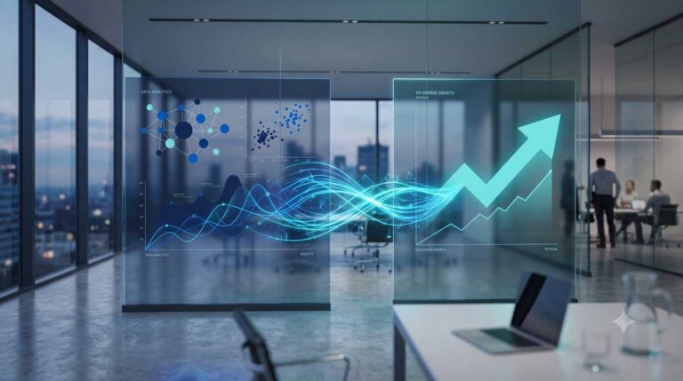 A translucent digital display showing a visual gap between complex AI technology nodes and enterprise business revenue growth trends in blue and teal tones.