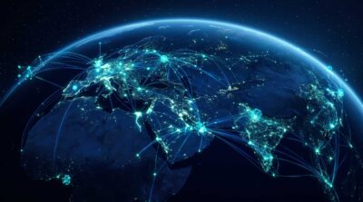 A futuristic visualization of data nodes connecting to form a decision intelligence network of advanced decision platform companies and vendors