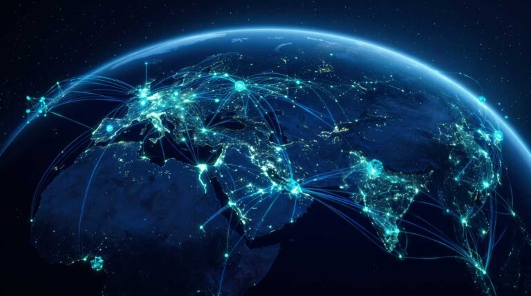 A futuristic visualization of data nodes connecting to form a decision intelligence network of advanced decision platform companies and vendors