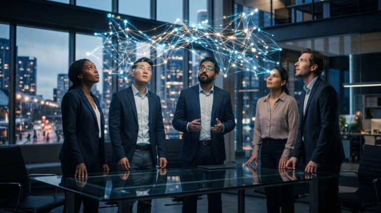 Photo-realistic image of professionals interacting with holographic data nodes representing AI in decision intelligence frameworks.