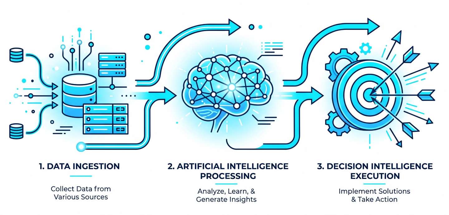 Minimalist infographic illustrating the strategic workflow between artificial intelligence processing and decision intelligence execution.