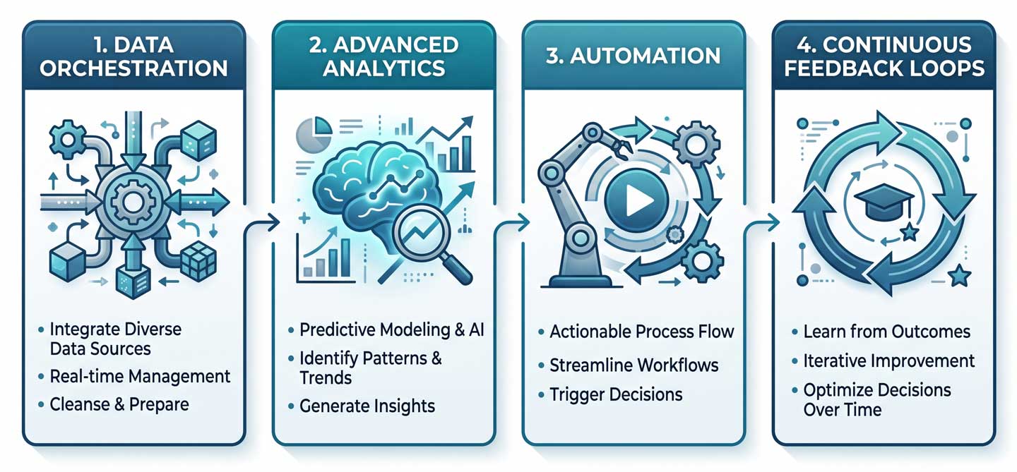 Infographic outlining the core capabilities of top decision intelligence vendors with minimalist icons