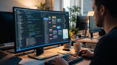 A tech professional at a dark-themed multi-monitor desk visually designing a low-code no-code decision intelligence workflow