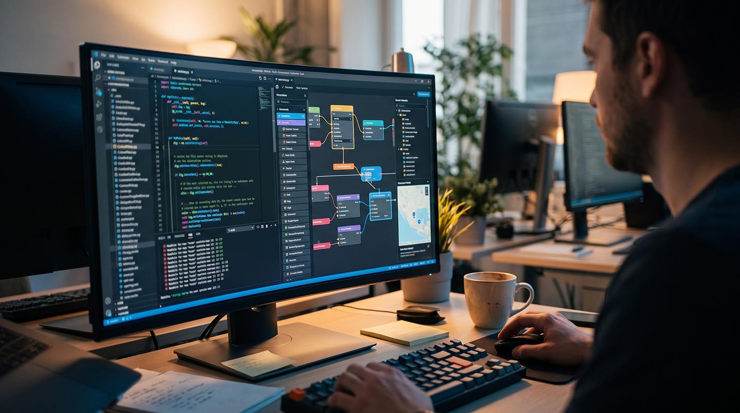 A tech professional at a dark-themed multi-monitor desk visually designing a low-code no-code decision intelligence workflow