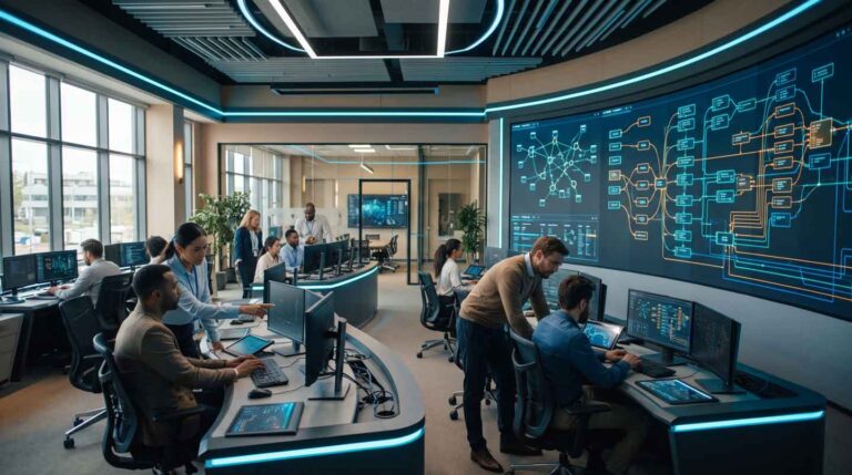 A high-tech enterprise control center showcasing decision orchestration and operationalizing AI algorithms in a collaborative workspace.