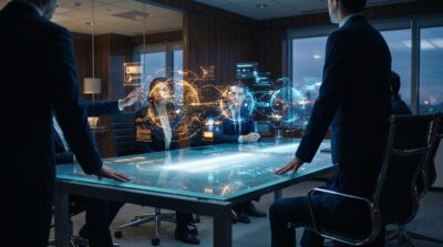 Abstract representation of decision intelligence use cases and AI business applications optimizing corporate strategy