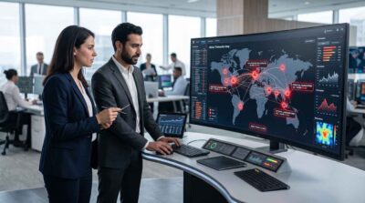 Modern conceptual featured image displaying financial analysts in a high-tech control room monitoring third-party risk alerts.