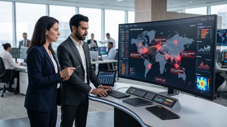 Modern conceptual featured image displaying financial analysts in a high-tech control room monitoring third-party risk alerts.