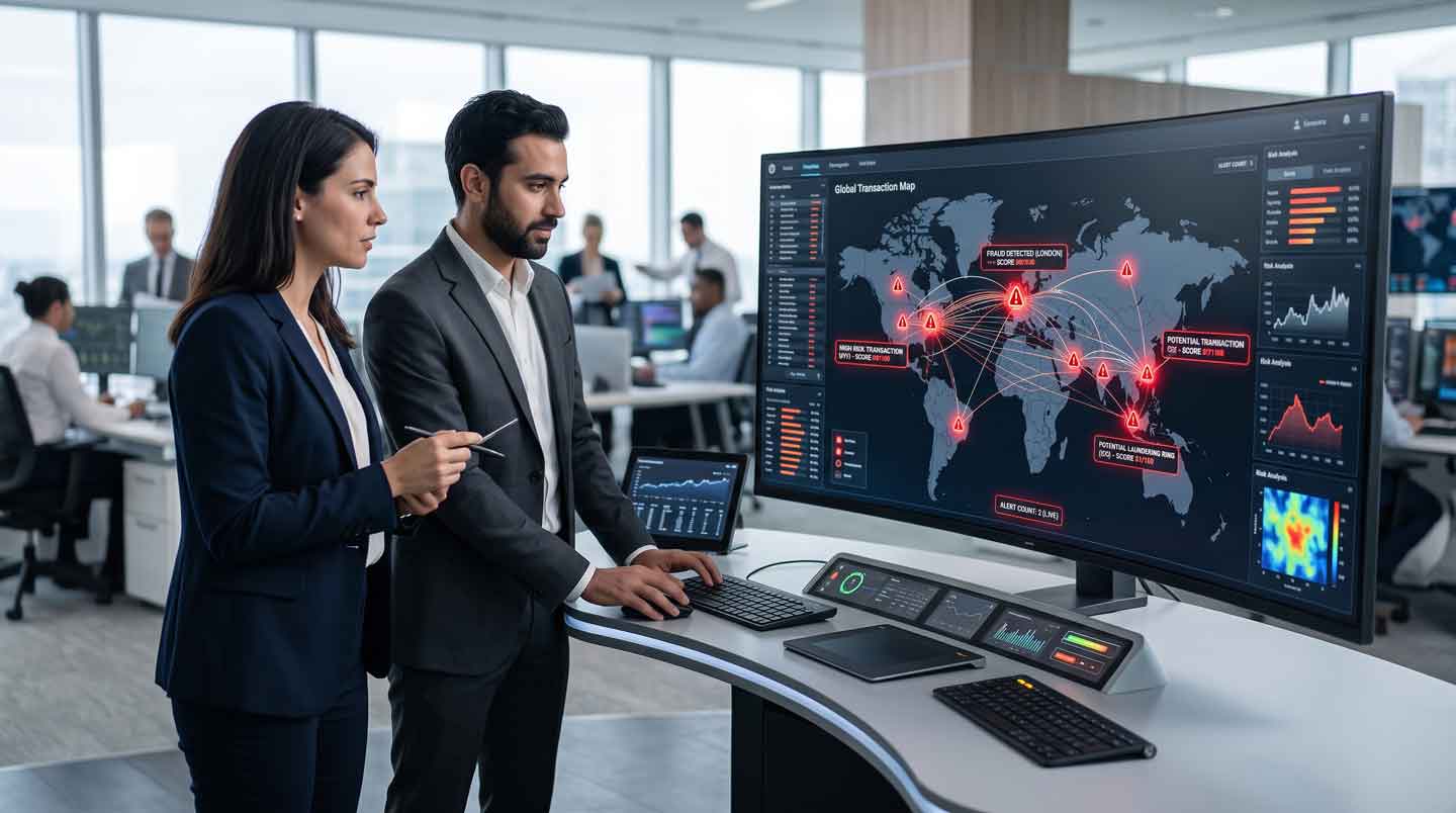 Modern conceptual featured image displaying financial analysts in a high-tech control room monitoring third-party risk alerts.